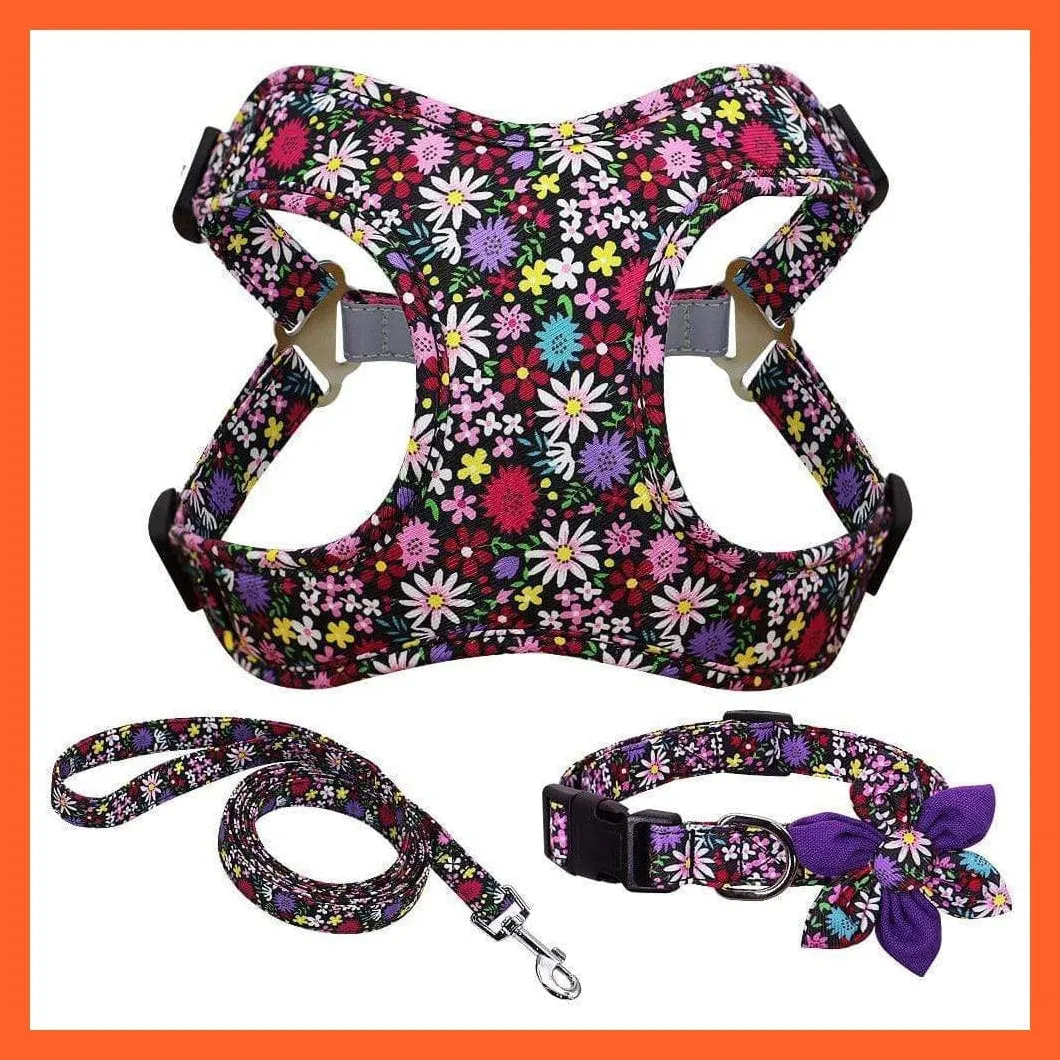 French Bulldog Harness Leash And Collar Set | Printed Dog Harness Vest Leash Collar Set | For Small Medium Large Dogs