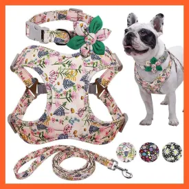French Bulldog Harness Leash And Collar Set | Printed Dog Harness Vest Leash Collar Set | For Small Medium Large Dogs