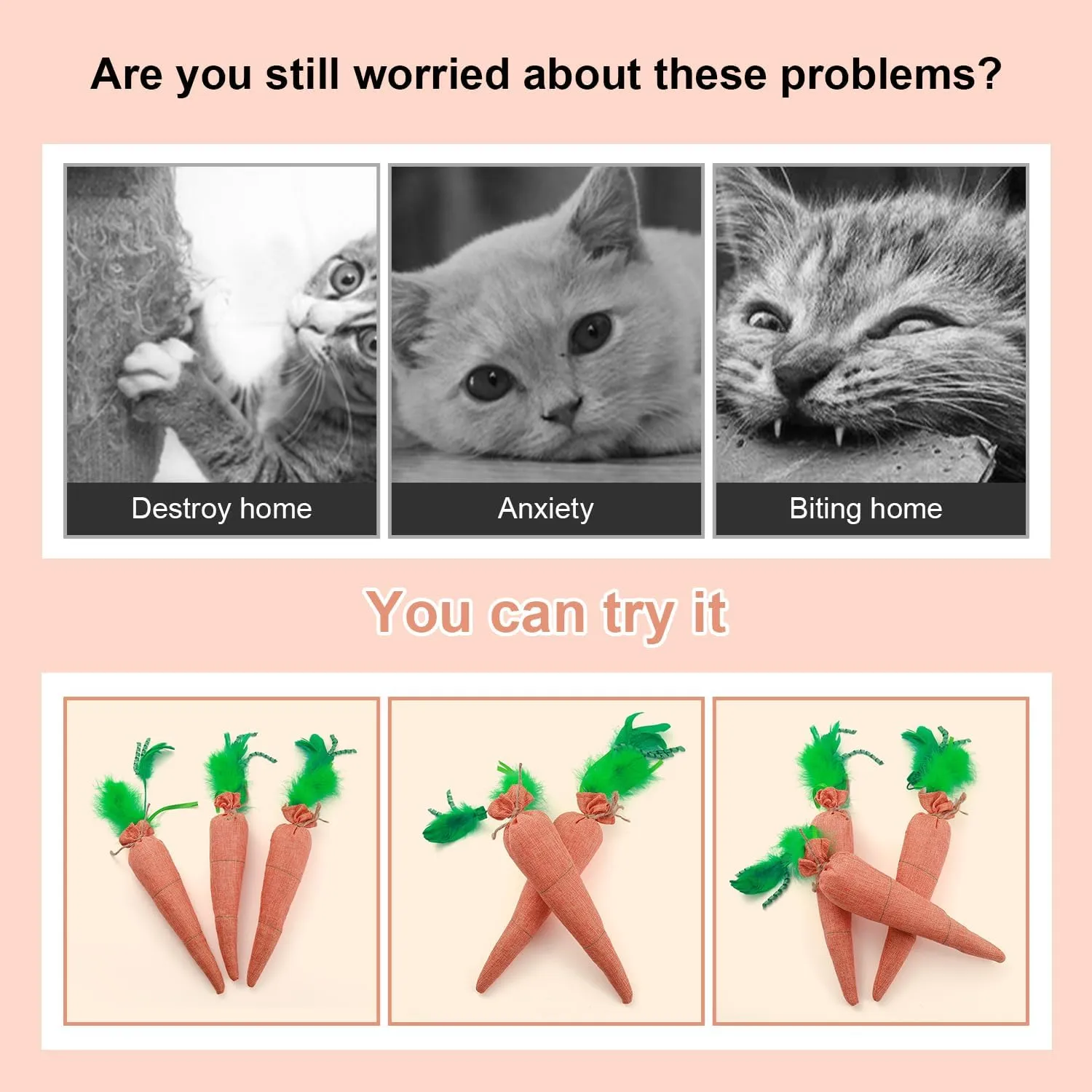 Fun Carrot Catnip Toys for Indoor Cats to Keep Them Busy, Orange Carrot Crinkle Kicker Catnip Cat Toy, Soft Linen, Catmint Toys for Cats All Breeds (2 PCS)