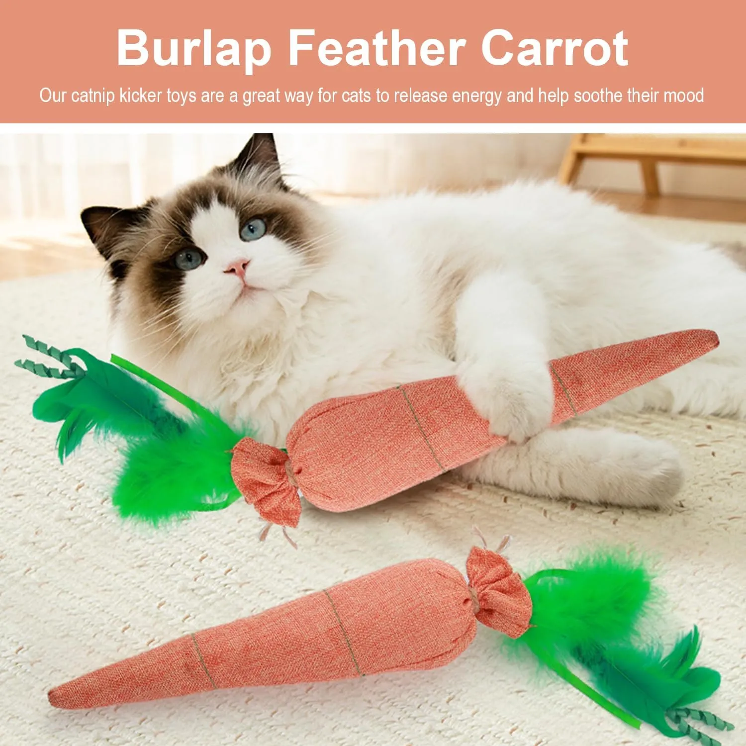 Fun Carrot Catnip Toys for Indoor Cats to Keep Them Busy, Orange Carrot Crinkle Kicker Catnip Cat Toy, Soft Linen, Catmint Toys for Cats All Breeds (2 PCS)