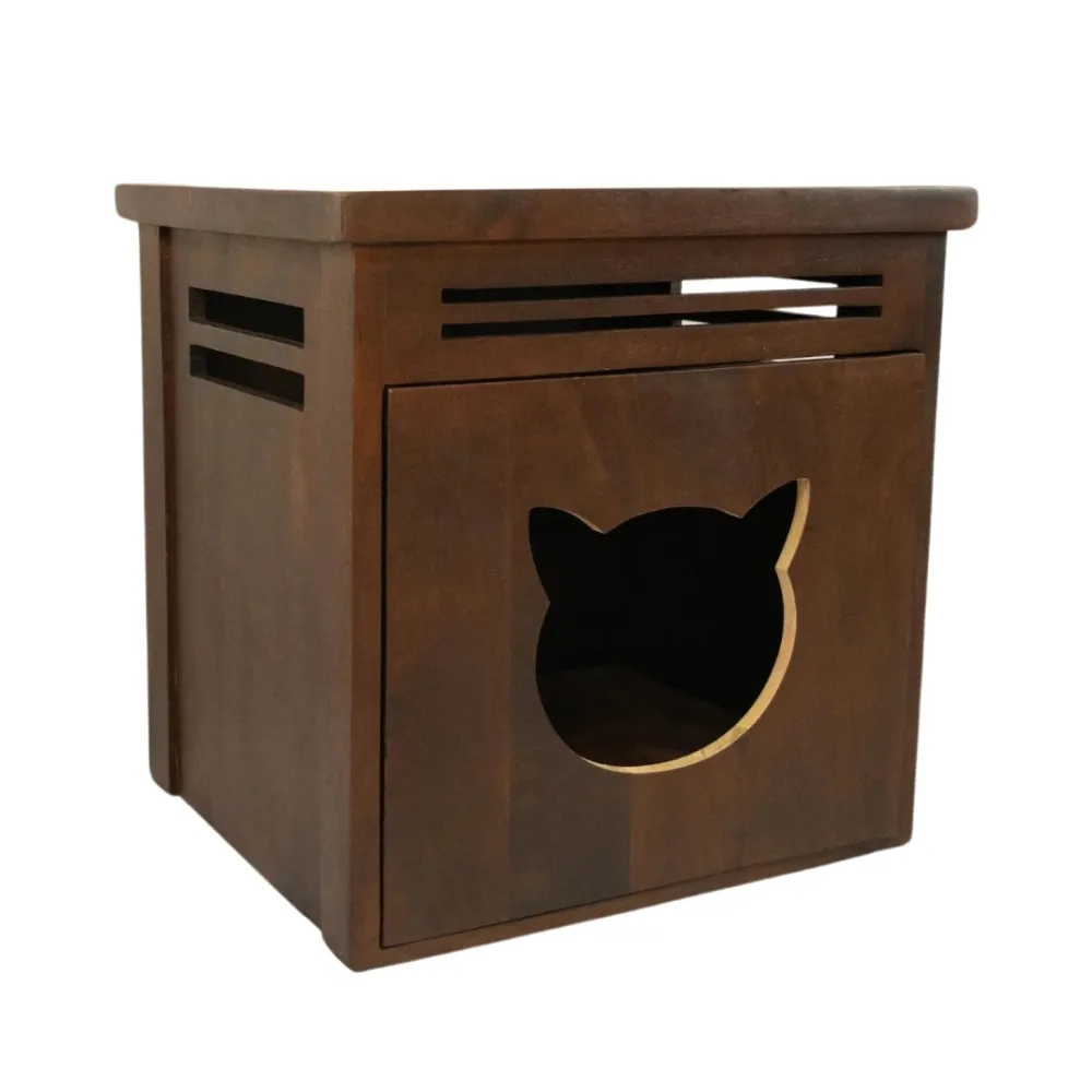 FurryLiving Meraki Cabinet with Cushion for Small Dogs and Cats (Dark Brown/ Red Cushion)