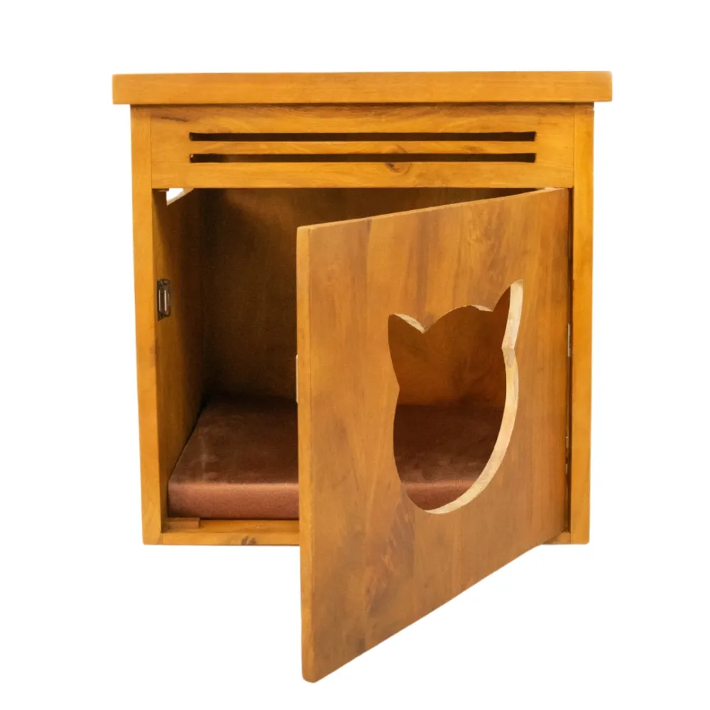FurryLiving Meraki Cabinet with Cushion for Small Dogs and Cats (Honey/Red Cushion)