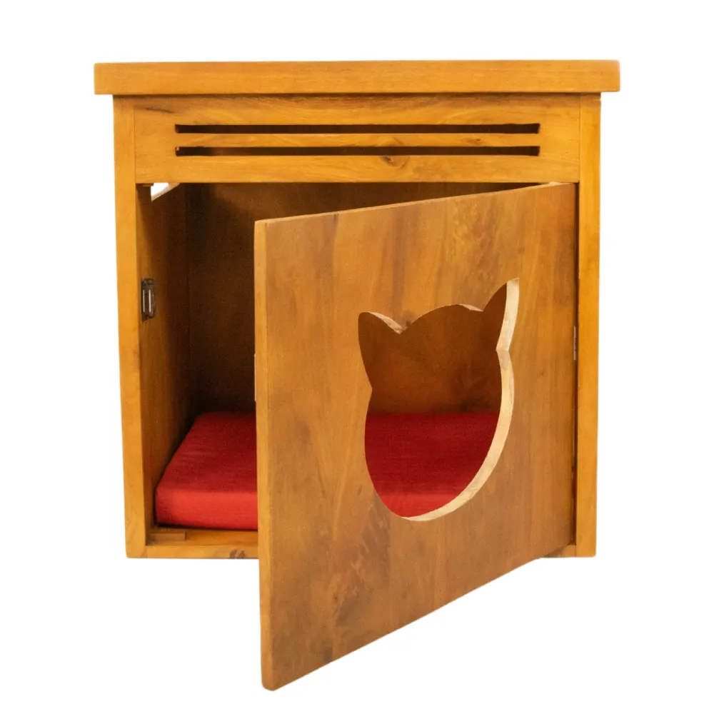 FurryLiving Meraki Cabinet with Cushion for Small Dogs and Cats (Honey/Red Cushion)