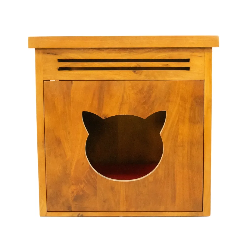 FurryLiving Meraki Cabinet with Cushion for Small Dogs and Cats (Honey/Red Cushion)