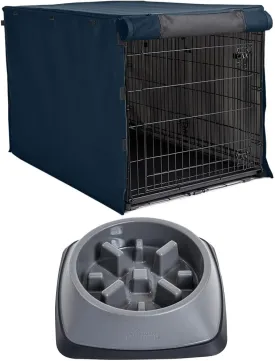 Gorilla Grip Dog Crate Cover, Navy Blue 30 Inch and Slow Feeder Bowl, 2 Cup Gray, 2 Item Bundle