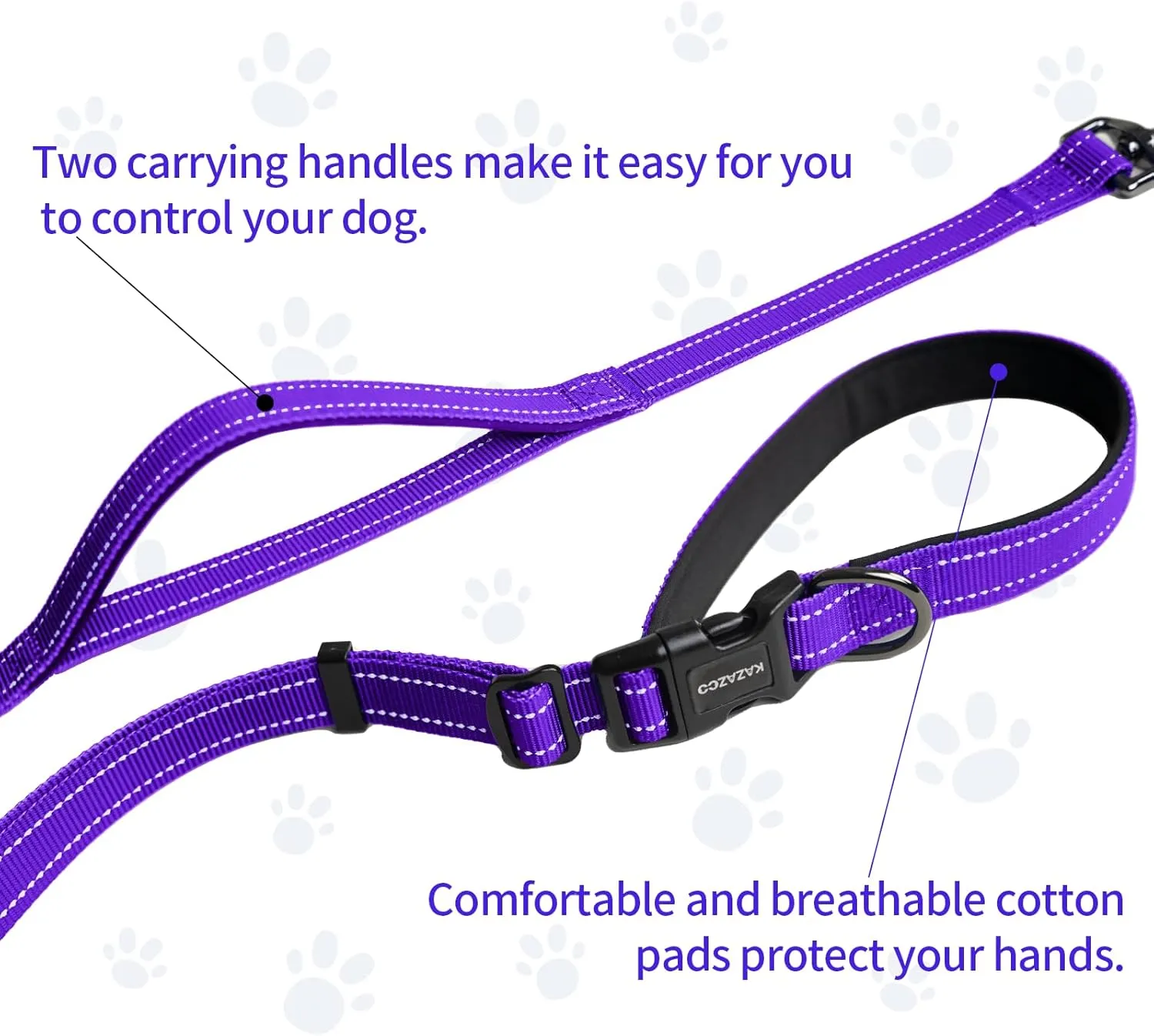 Hands-Free Dog Leash with Adjustable Length 6-9FT   Dual Padded Handles Reflective Safety for Night Walks | Suitable for Medium to Large Dogs & Puppies Purple-L
