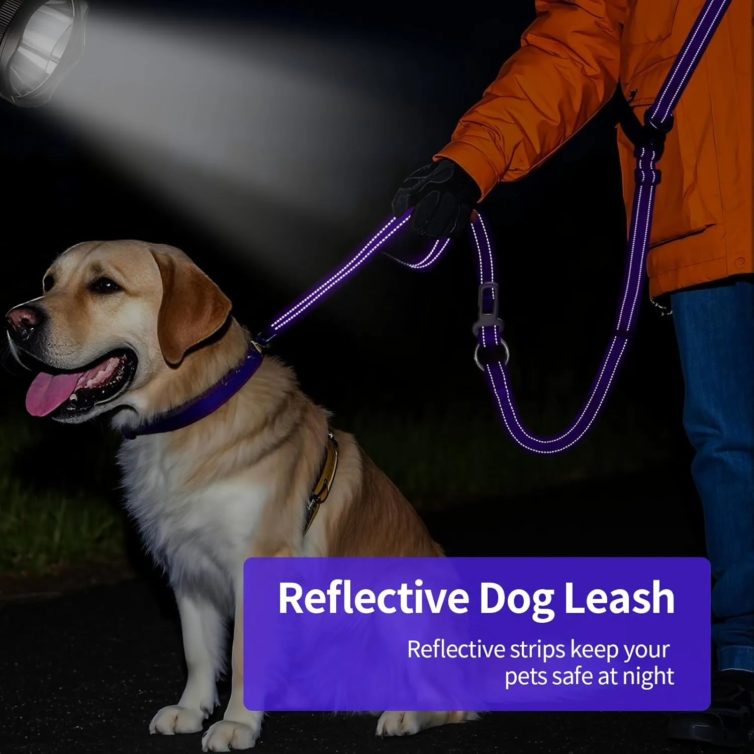 Hands-Free Dog Leash with Adjustable Length 6-9FT   Dual Padded Handles Reflective Safety for Night Walks | Suitable for Medium to Large Dogs & Puppies Purple-L
