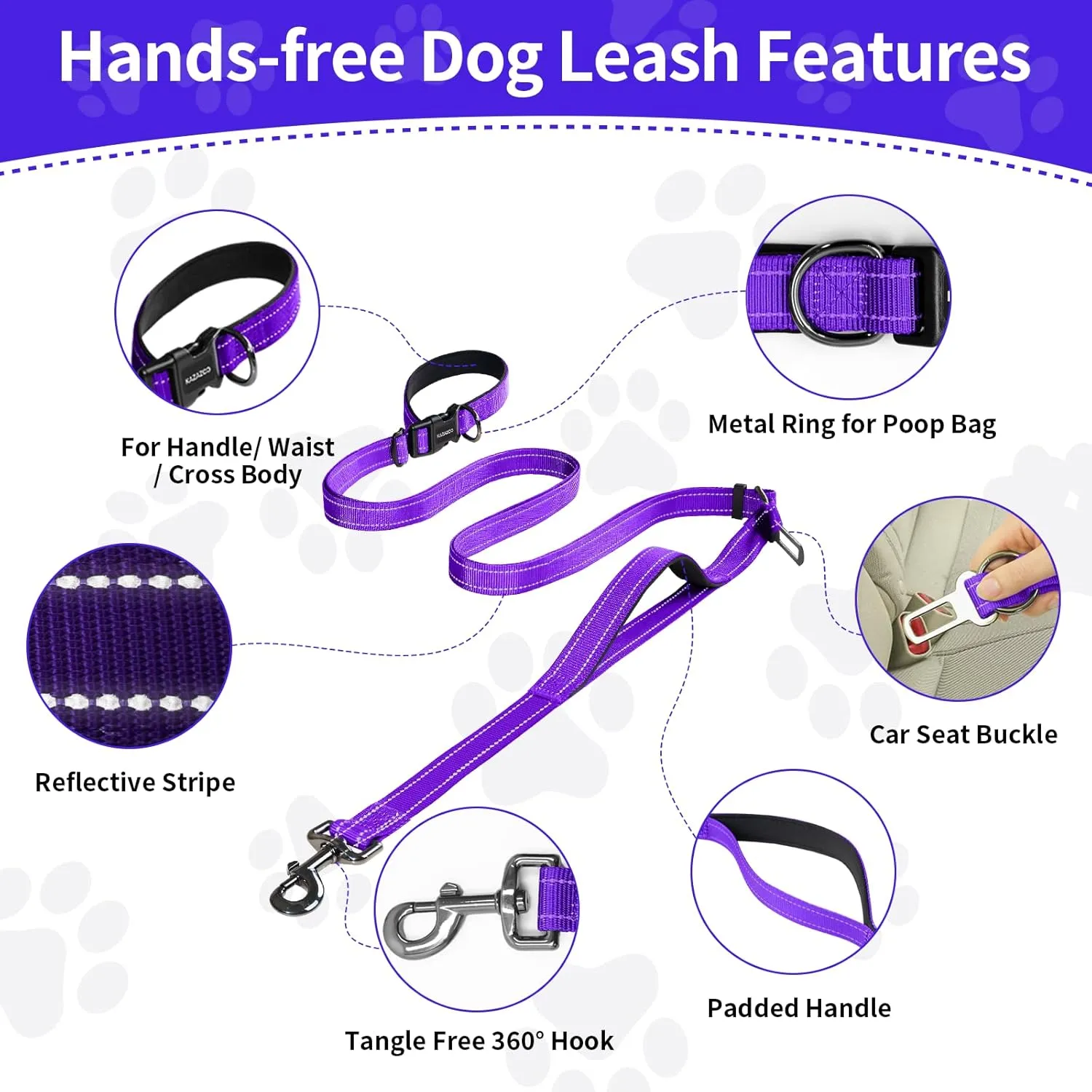 Hands-Free Dog Leash with Adjustable Length 6-9FT   Dual Padded Handles Reflective Safety for Night Walks | Suitable for Medium to Large Dogs & Puppies Purple-L