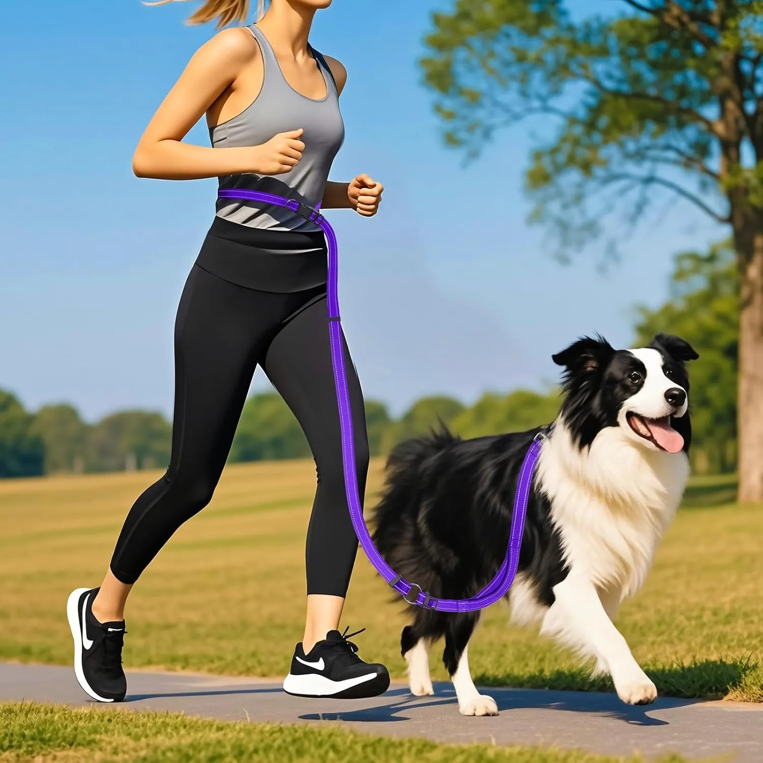 Hands-Free Dog Leash with Adjustable Length 6-9FT   Dual Padded Handles Reflective Safety for Night Walks | Suitable for Medium to Large Dogs & Puppies Purple-L