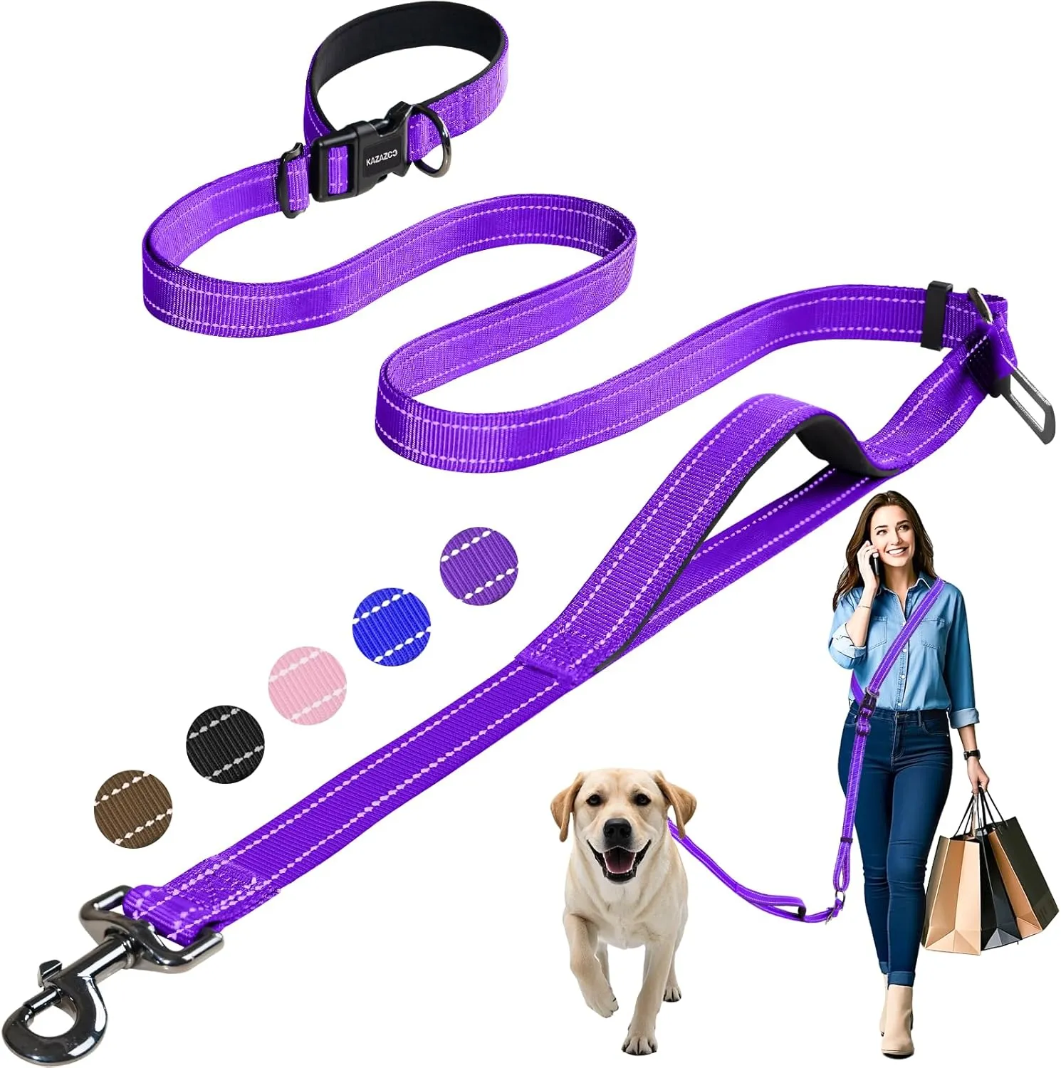 Hands-Free Dog Leash with Adjustable Length 6-9FT   Dual Padded Handles Reflective Safety for Night Walks | Suitable for Medium to Large Dogs & Puppies Purple-L