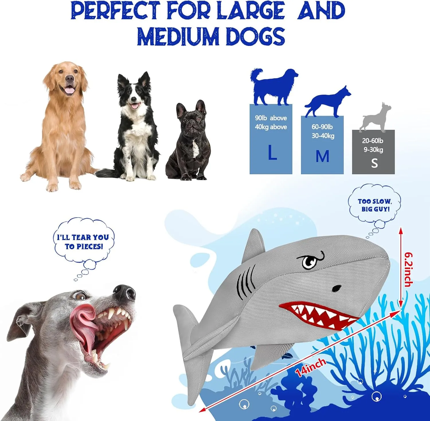 Heavy-Duty Shark Dog Toy for Large Dogs - Tough Crinkle Toy with Hidden Ball - Durable Plush Chew Toy for Aggressive Chewers(Charcoal Medium)