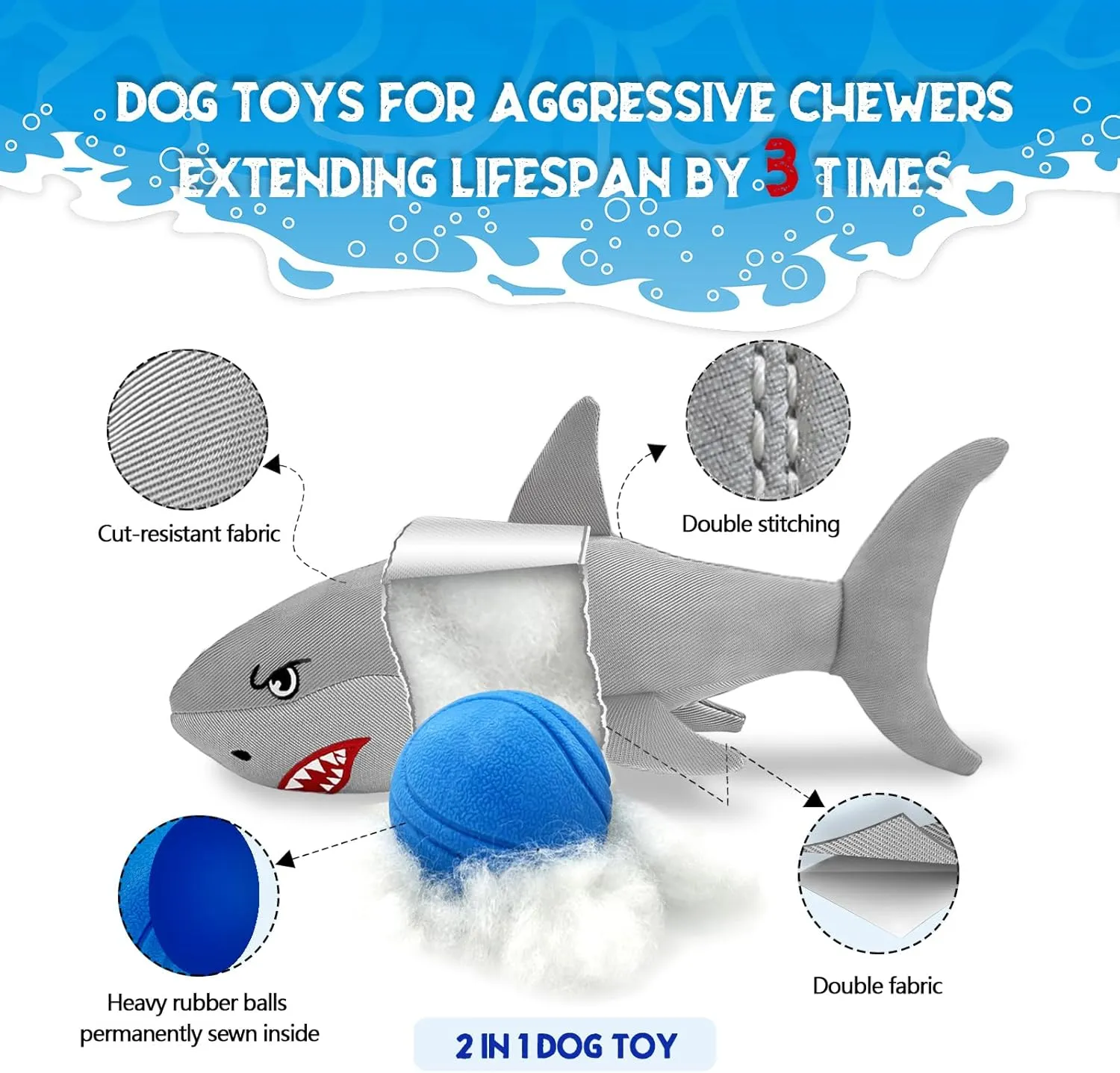 Heavy-Duty Shark Dog Toy for Large Dogs - Tough Crinkle Toy with Hidden Ball - Durable Plush Chew Toy for Aggressive Chewers(Charcoal Medium)