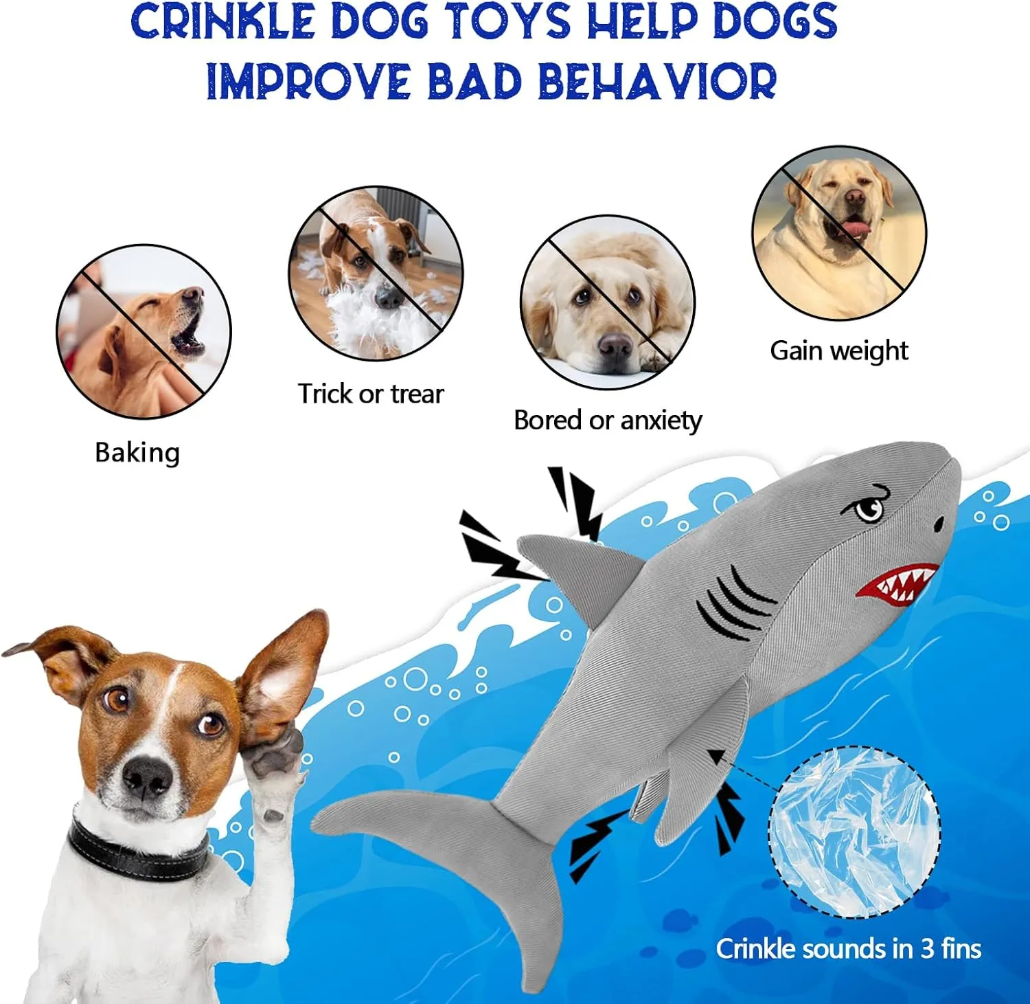Heavy-Duty Shark Dog Toy for Large Dogs - Tough Crinkle Toy with Hidden Ball - Durable Plush Chew Toy for Aggressive Chewers(Charcoal Medium)