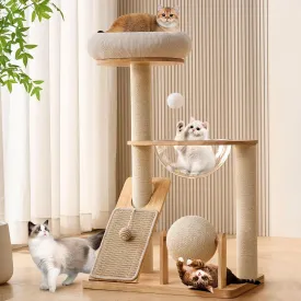 HITTITE Cat Tree Tower with Scratching Post for Indoor Cats,37.8 Inches Cat Towers with Scratching Board and Playful Toy Balls, Cat Climbing Tower with Hammock and Removable Top Bed for Kittens.