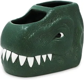 Isaac Jacobs Green Ceramic Dinosaur Dual Compartment Toothbrush Holder, Multi-Purpose Organizer, for Toiletries, Bathroom, Kitchen, Crafts, Desk, Novelty Bathroom Accessory (2-Section Cup, Green)