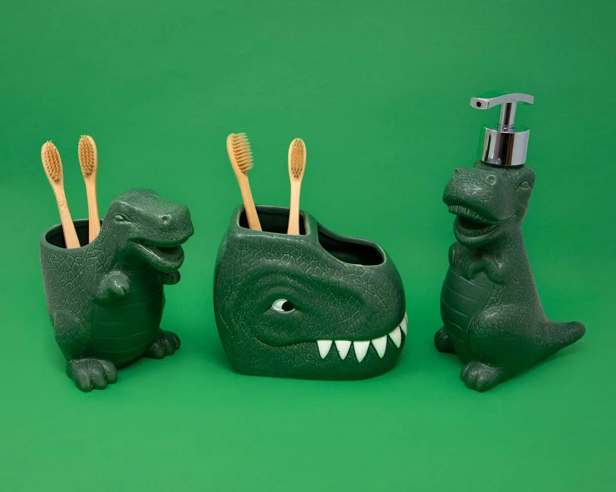 Isaac Jacobs Green Ceramic Dinosaur Dual Compartment Toothbrush Holder, Multi-Purpose Organizer, for Toiletries, Bathroom, Kitchen, Crafts, Desk, Novelty Bathroom Accessory (2-Section Cup, Green)
