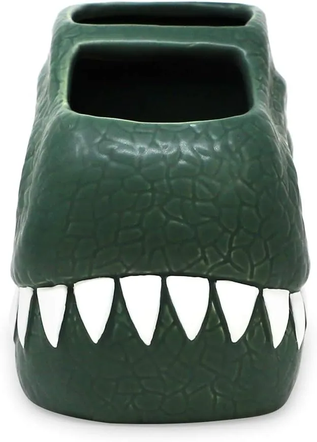 Isaac Jacobs Green Ceramic Dinosaur Dual Compartment Toothbrush Holder, Multi-Purpose Organizer, for Toiletries, Bathroom, Kitchen, Crafts, Desk, Novelty Bathroom Accessory (2-Section Cup, Green)