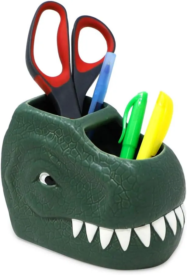 Isaac Jacobs Green Ceramic Dinosaur Dual Compartment Toothbrush Holder, Multi-Purpose Organizer, for Toiletries, Bathroom, Kitchen, Crafts, Desk, Novelty Bathroom Accessory (2-Section Cup, Green)