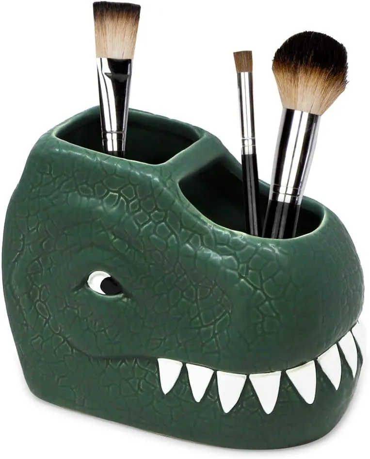Isaac Jacobs Green Ceramic Dinosaur Dual Compartment Toothbrush Holder, Multi-Purpose Organizer, for Toiletries, Bathroom, Kitchen, Crafts, Desk, Novelty Bathroom Accessory (2-Section Cup, Green)