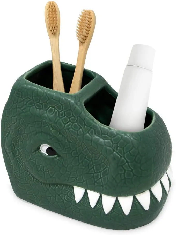Isaac Jacobs Green Ceramic Dinosaur Dual Compartment Toothbrush Holder, Multi-Purpose Organizer, for Toiletries, Bathroom, Kitchen, Crafts, Desk, Novelty Bathroom Accessory (2-Section Cup, Green)