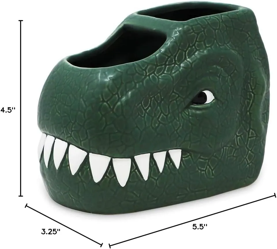Isaac Jacobs Green Ceramic Dinosaur Dual Compartment Toothbrush Holder, Multi-Purpose Organizer, for Toiletries, Bathroom, Kitchen, Crafts, Desk, Novelty Bathroom Accessory (2-Section Cup, Green)
