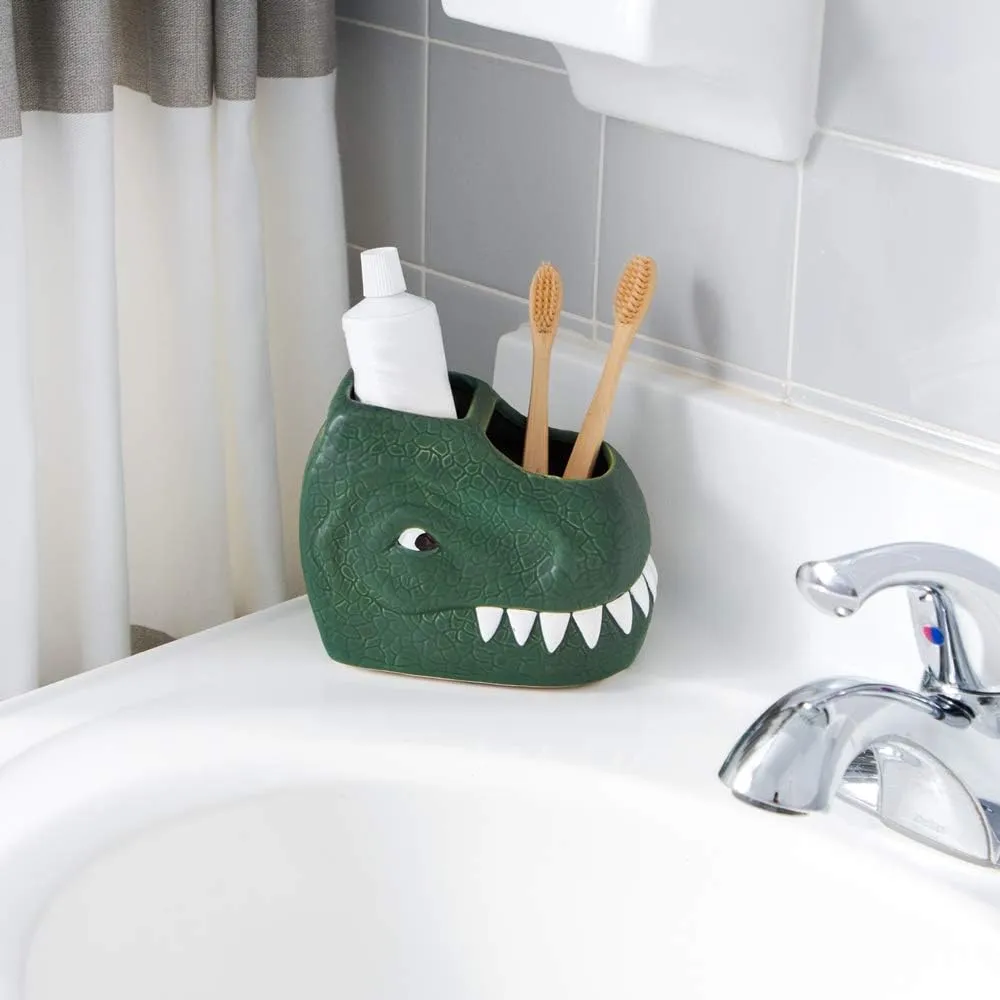 Isaac Jacobs Green Ceramic Dinosaur Dual Compartment Toothbrush Holder, Multi-Purpose Organizer, for Toiletries, Bathroom, Kitchen, Crafts, Desk, Novelty Bathroom Accessory (2-Section Cup, Green)