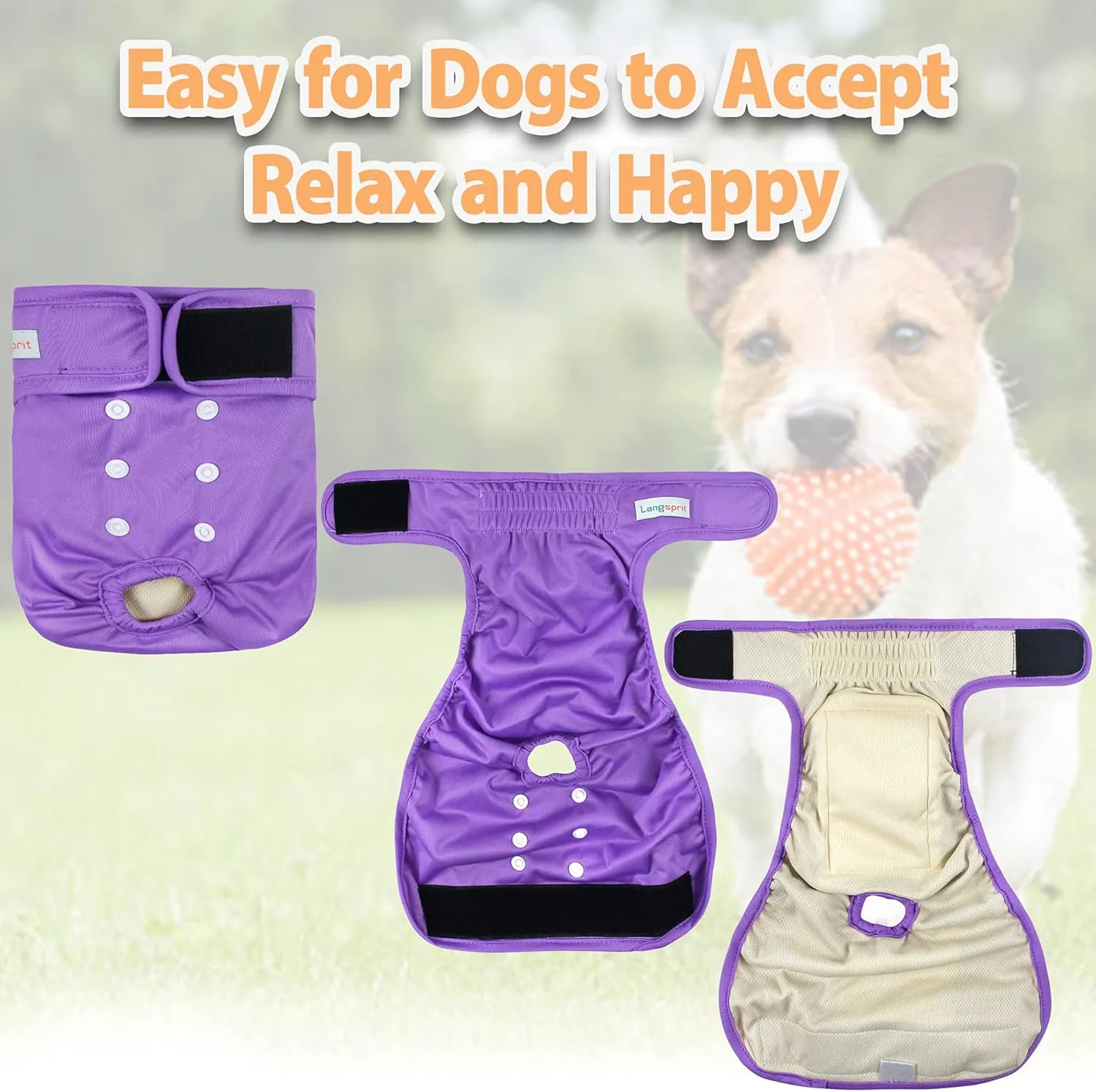 Langsprit Washable Female Dog Diapers (3 Pack) - No Leak Reusable Diapers for Doggy Female in Period - Highly Absorbent Dog Heat Panties with Adjustable Snaps (Black, Pink, Purple, X-Large)