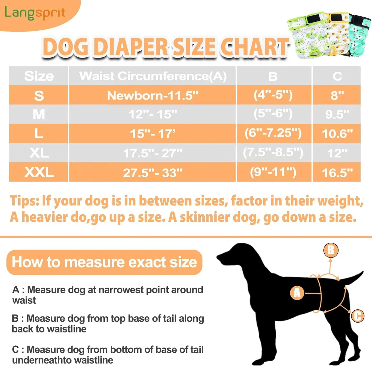 Langsprit Washable Female Dog Diapers (3 Pack) - No Leak Reusable Diapers for Doggy Female in Period - Highly Absorbent Dog Heat Panties with Adjustable Snaps (Black, Pink, Purple, X-Large)