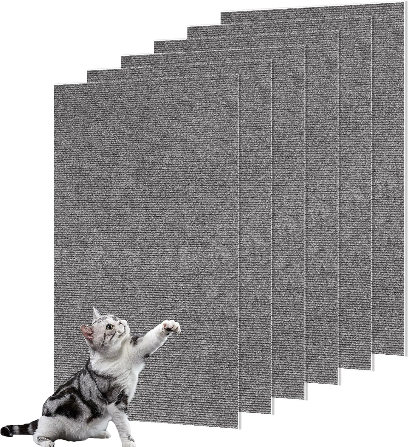 LANIAKEA 6 Pack Self-Adhesive Cat Scratch Mat 23.6 x 11.8 Cat Wall Stracther Trimmable Cat Scratching Pad for Cat Wall Furniture, Scratching Posts, Carpet Couch Protection, Gray
