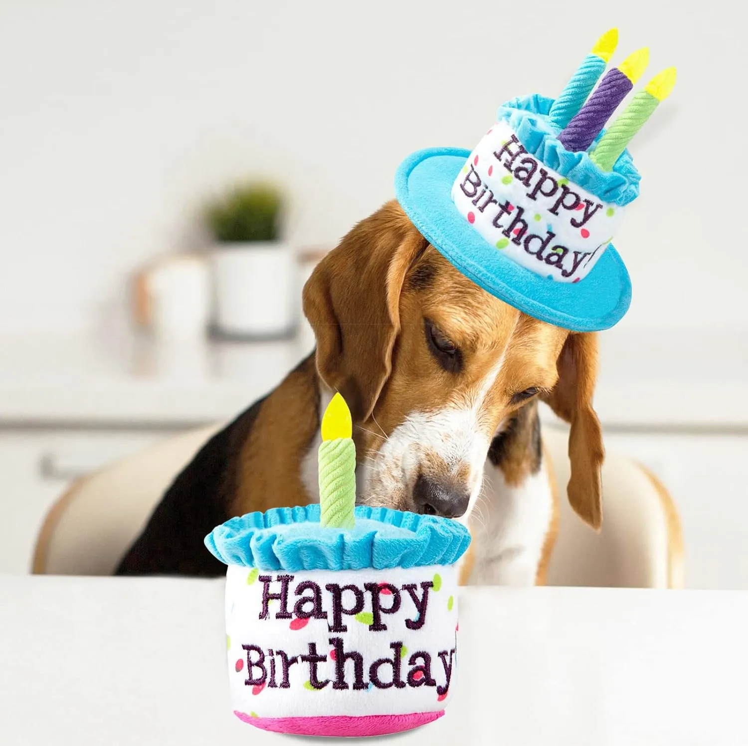 Large Dog Birthday Cake Hat & Bandana Scarfs Set Blue, Handmade Dog Happy Birthday Hat with Colorful Candles, Extral Large Dog Birthday Party Supplies Decorations