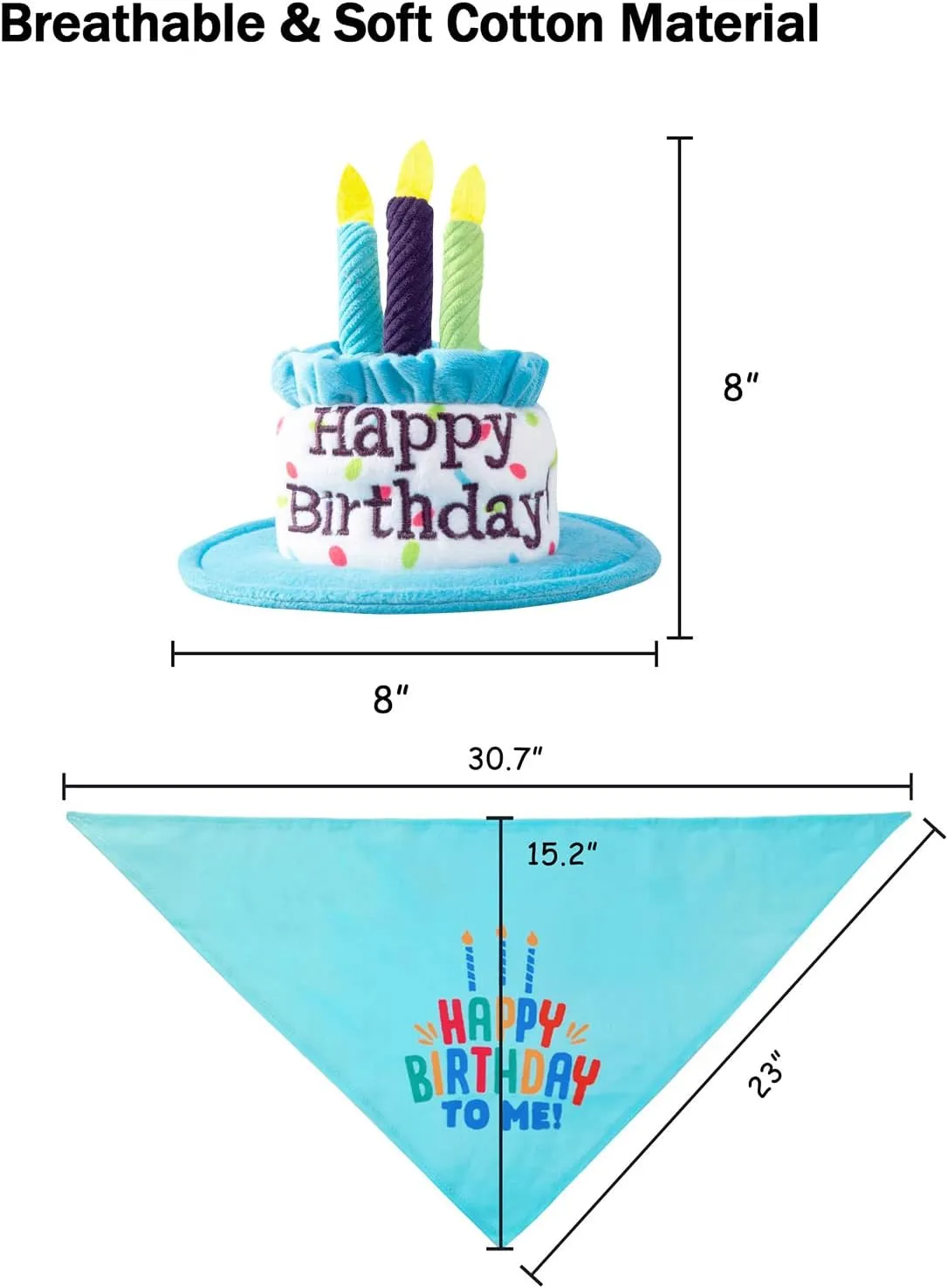 Large Dog Birthday Cake Hat & Bandana Scarfs Set Blue, Handmade Dog Happy Birthday Hat with Colorful Candles, Extral Large Dog Birthday Party Supplies Decorations