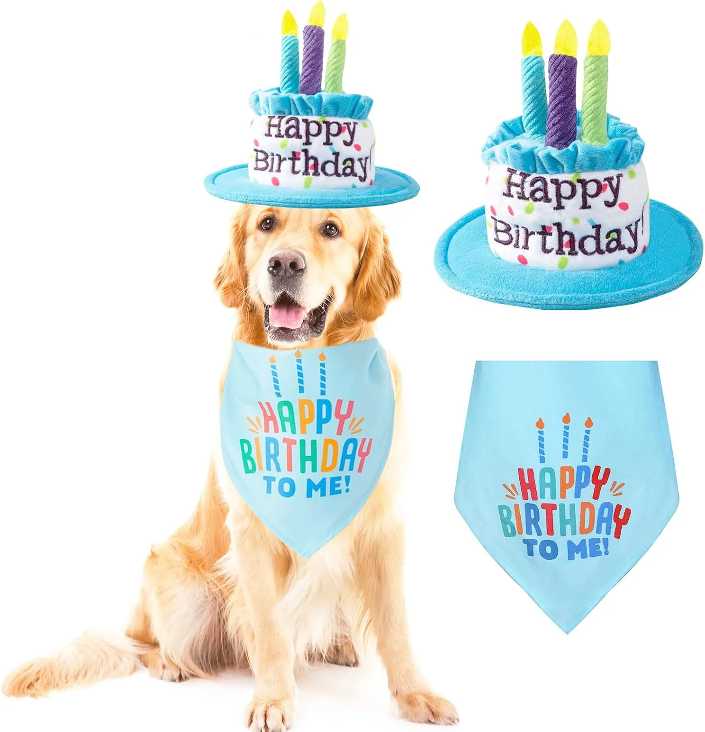 Large Dog Birthday Cake Hat & Bandana Scarfs Set Blue, Handmade Dog Happy Birthday Hat with Colorful Candles, Extral Large Dog Birthday Party Supplies Decorations
