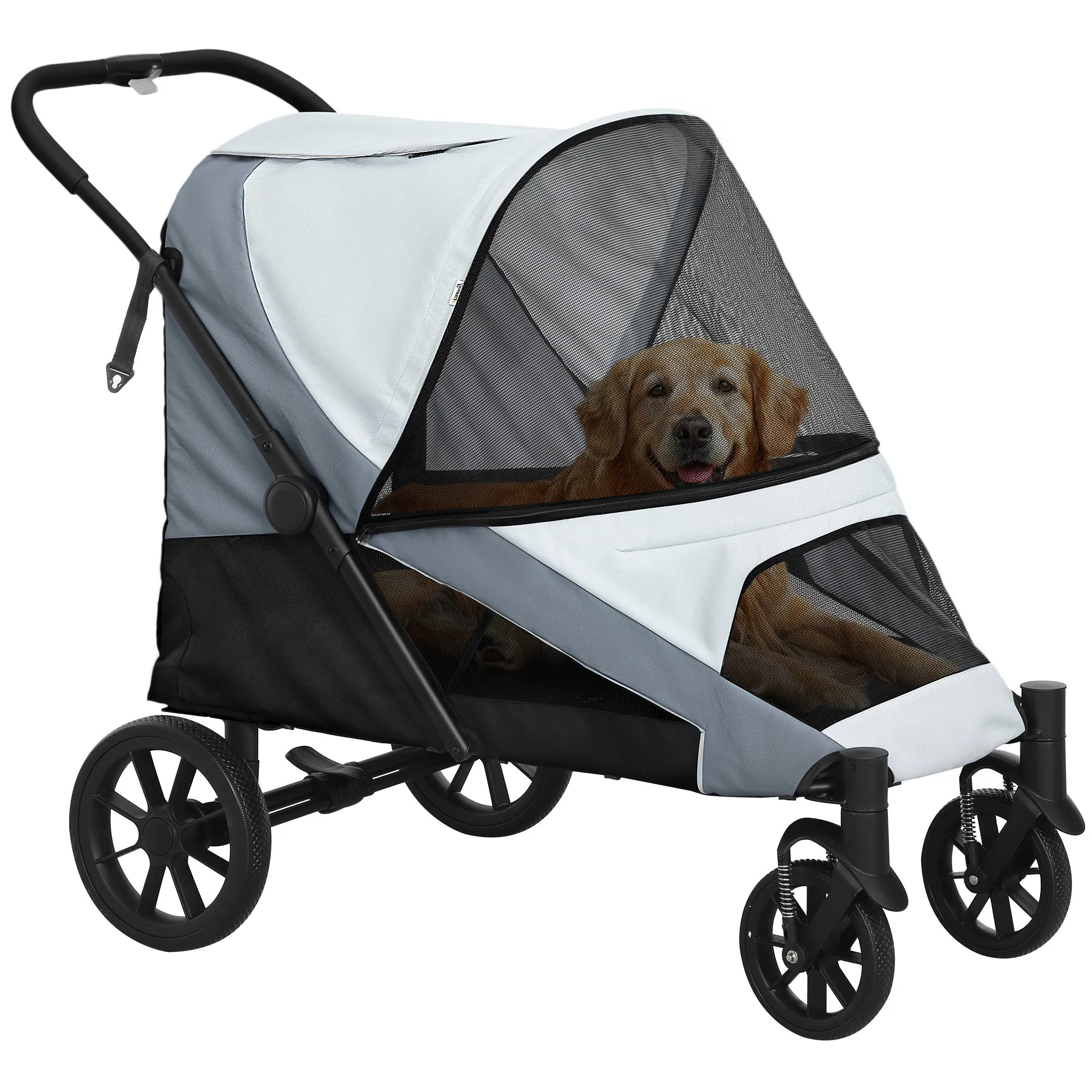Large Dog Stroller Foldable with Mesh Windows, Cushion and Leashes, 124x67x100 cm, Grey