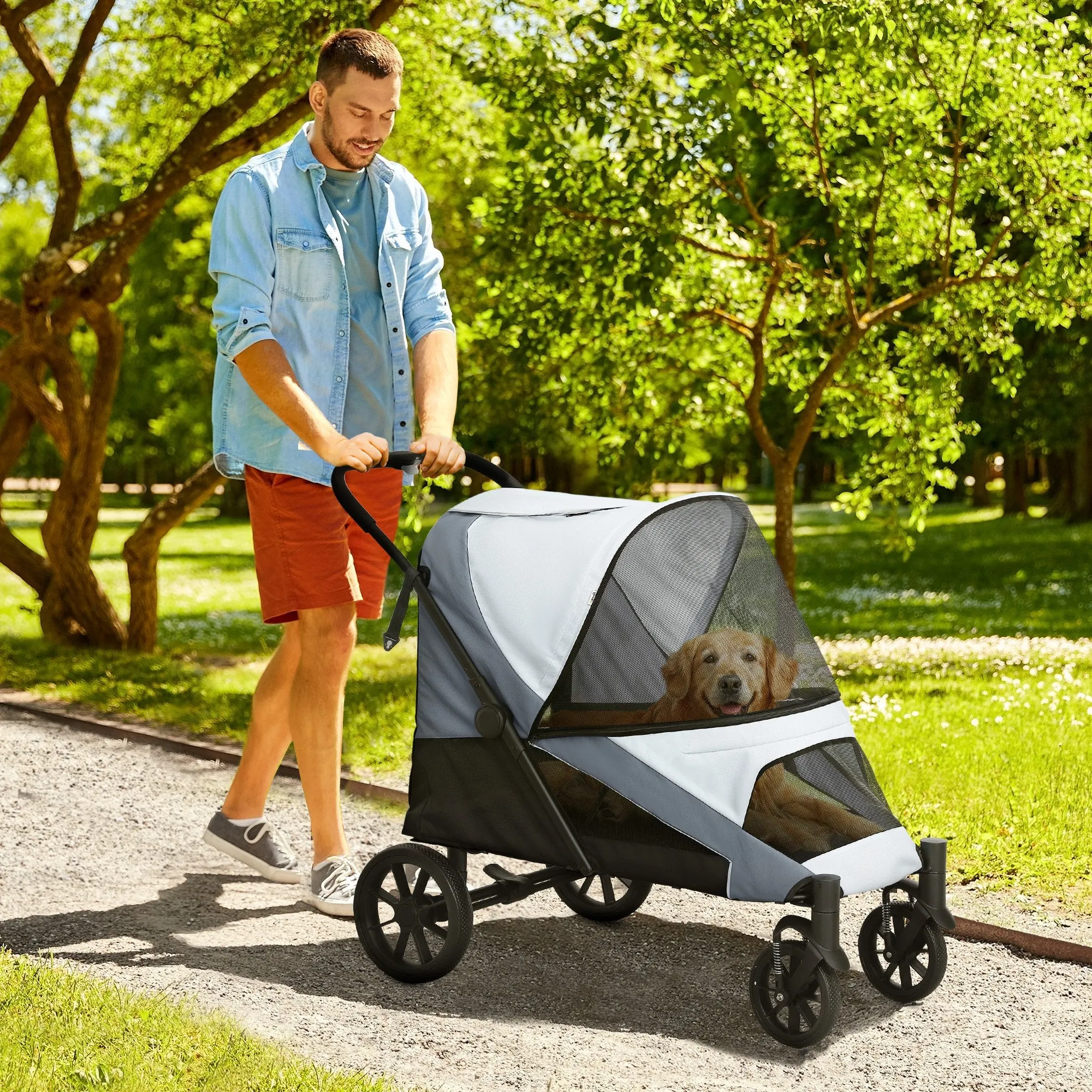 Large Dog Stroller Foldable with Mesh Windows, Cushion and Leashes, 124x67x100 cm, Grey