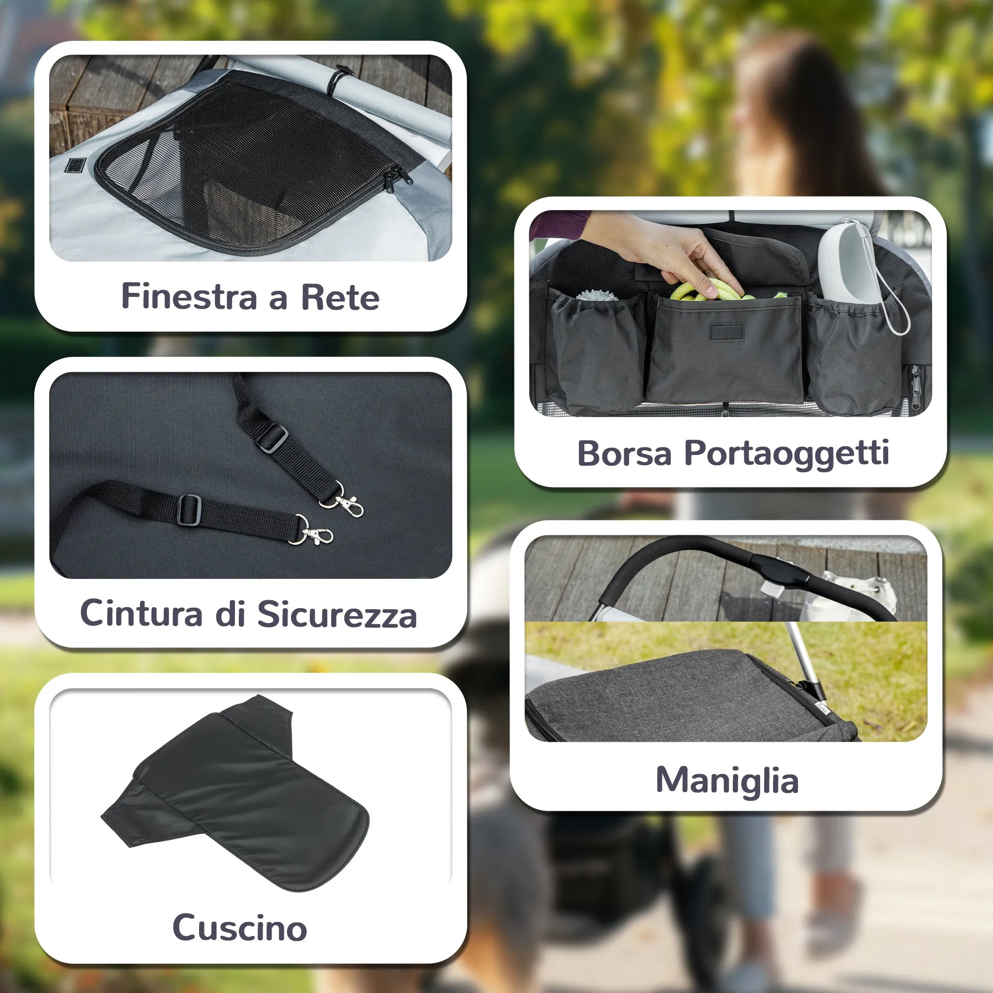 Large Dog Stroller Foldable with Mesh Windows, Cushion and Leashes, 124x67x100 cm, Grey