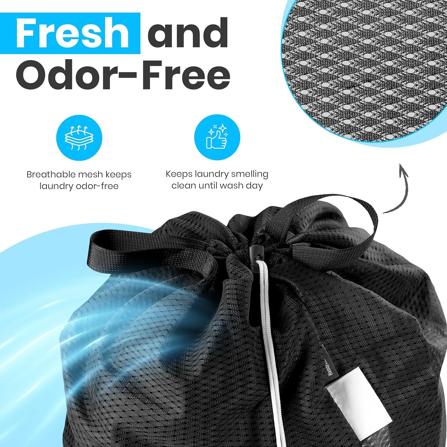 Large Mesh Laundry Bag - Carry Handles, Secure Drawstring Closure, Machine Washable, Spacious Storage, Durable Soft Mesh Net Material, College Dorm, Camp, Laundromat. (Black)