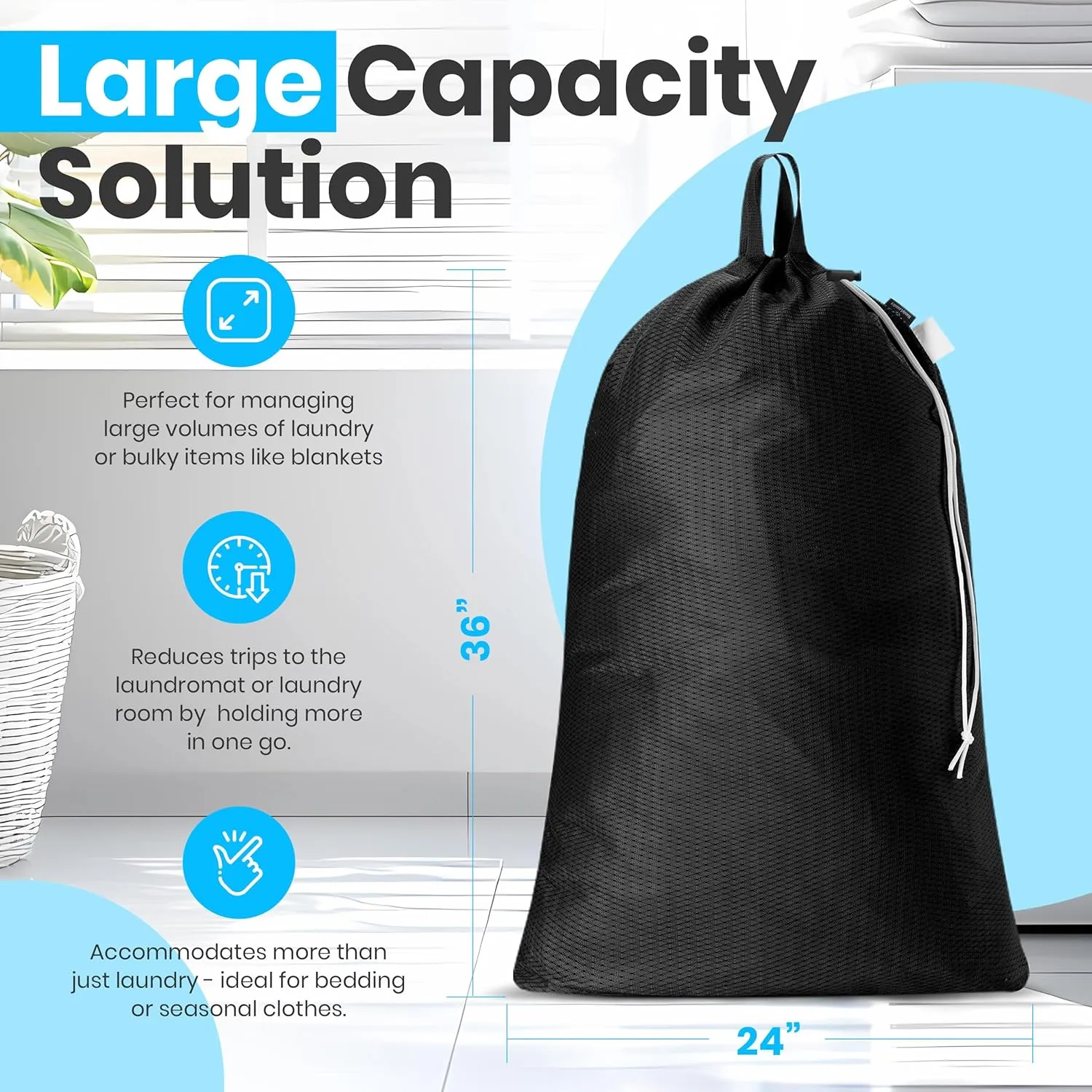 Large Mesh Laundry Bag - Carry Handles, Secure Drawstring Closure, Machine Washable, Spacious Storage, Durable Soft Mesh Net Material, College Dorm, Camp, Laundromat. (Black)