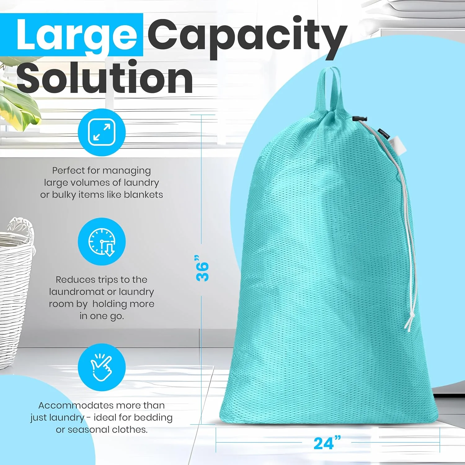 Large Mesh Laundry Bag - Carry Handles, Secure Drawstring Closure, Machine Washable, Spacious Storage, Durable Soft Mesh Net Material, College Dorm, Camp, Laundromat. (Teal)