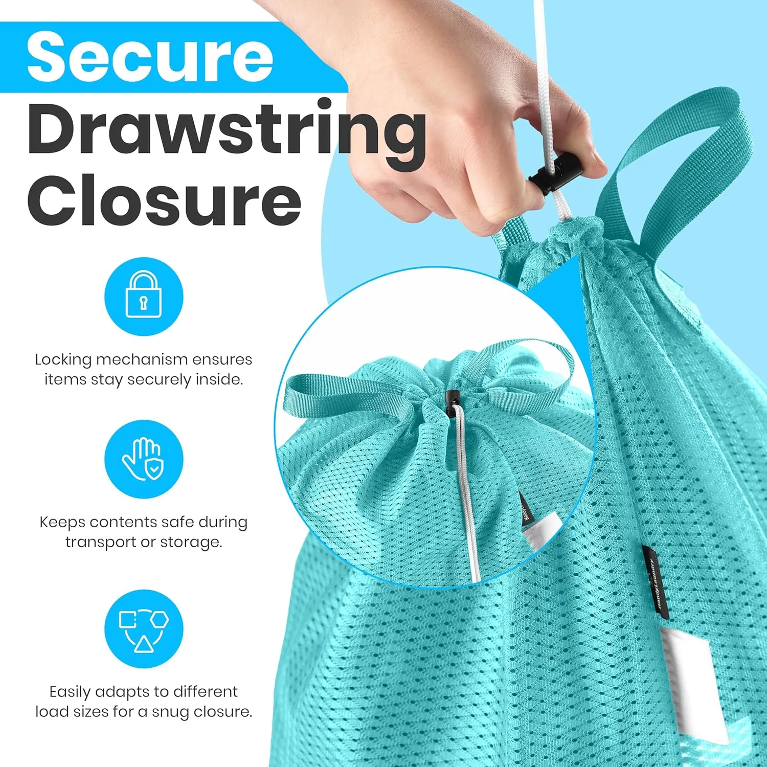 Large Mesh Laundry Bag - Carry Handles, Secure Drawstring Closure, Machine Washable, Spacious Storage, Durable Soft Mesh Net Material, College Dorm, Camp, Laundromat. (Teal)
