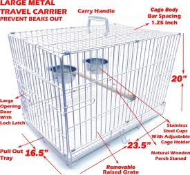 Large Portable Durable Metal Travel or Veterinary Easy Collapsable Parrot Bird Carrier Beaks Proof Carrier Cage Easy Clean Pull Out Tray Stainless Steel Feeder Bowls Natural Wooden Perch