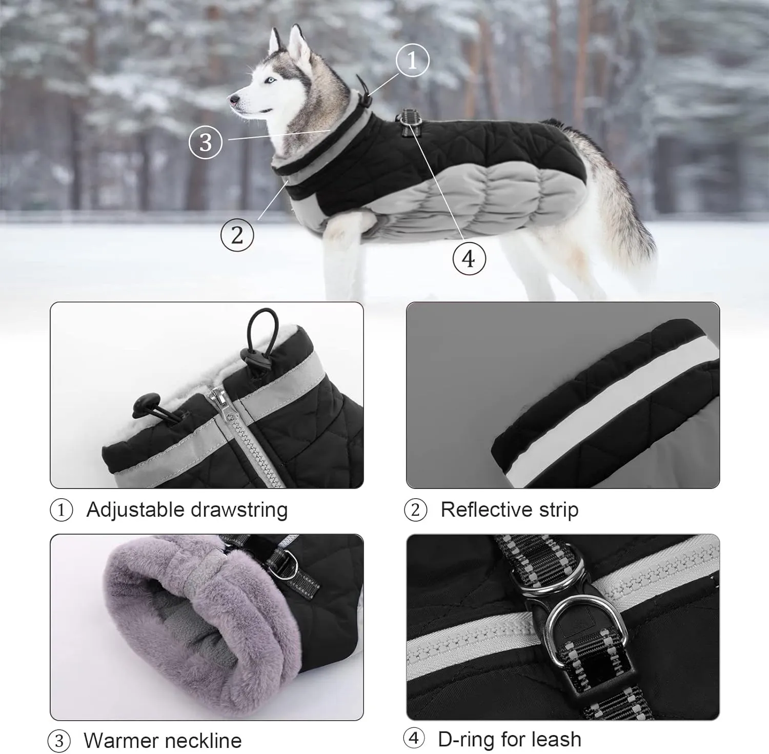 Lelepet Warm Winter Dog Coat - XX-Large, Waterproof, Windproof, Reflective, Fleece Vest with Turtleneck & Zipper - Coats for Large Dogs in Cold Weather, Black, 2XL