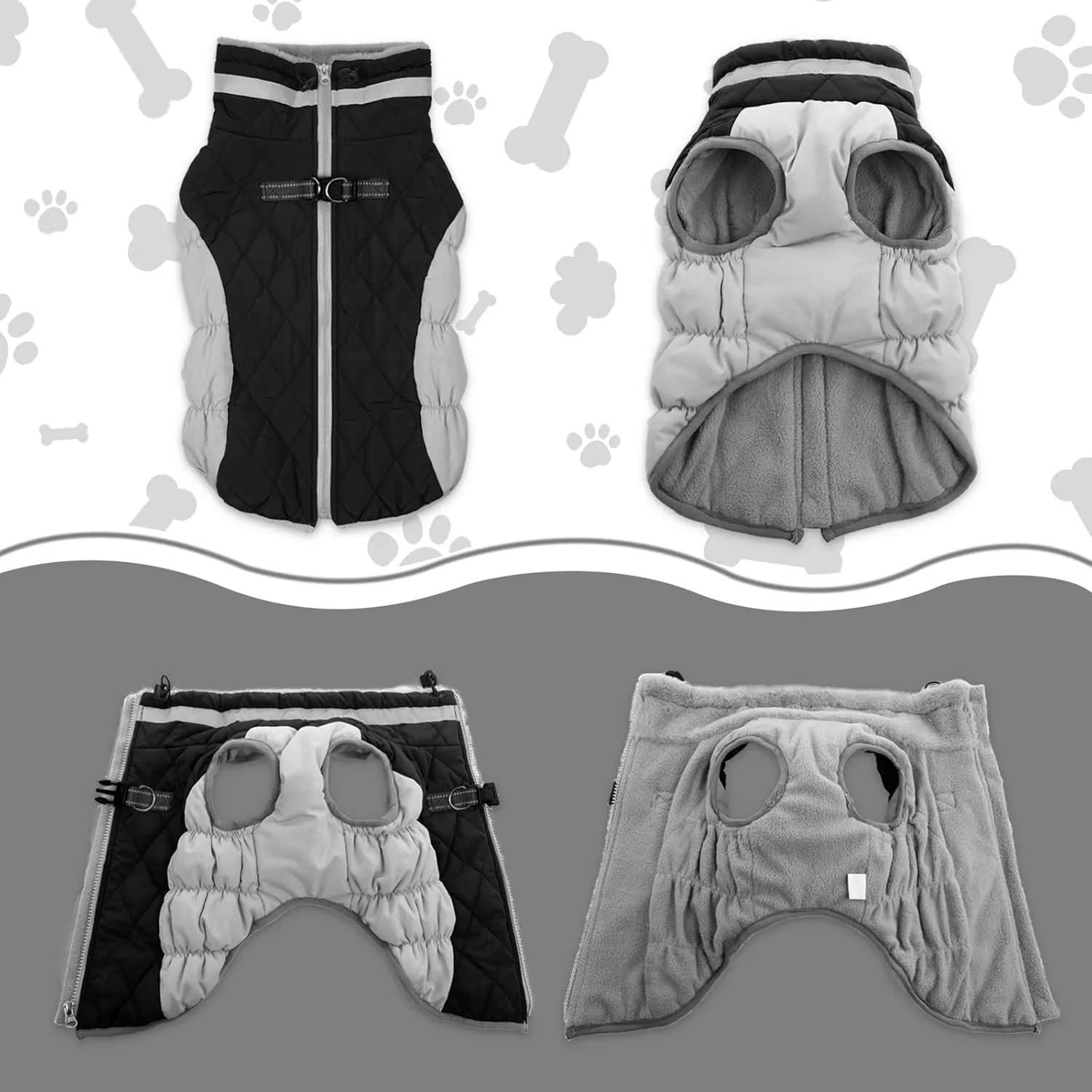 Lelepet Warm Winter Dog Coat - XX-Large, Waterproof, Windproof, Reflective, Fleece Vest with Turtleneck & Zipper - Coats for Large Dogs in Cold Weather, Black, 2XL