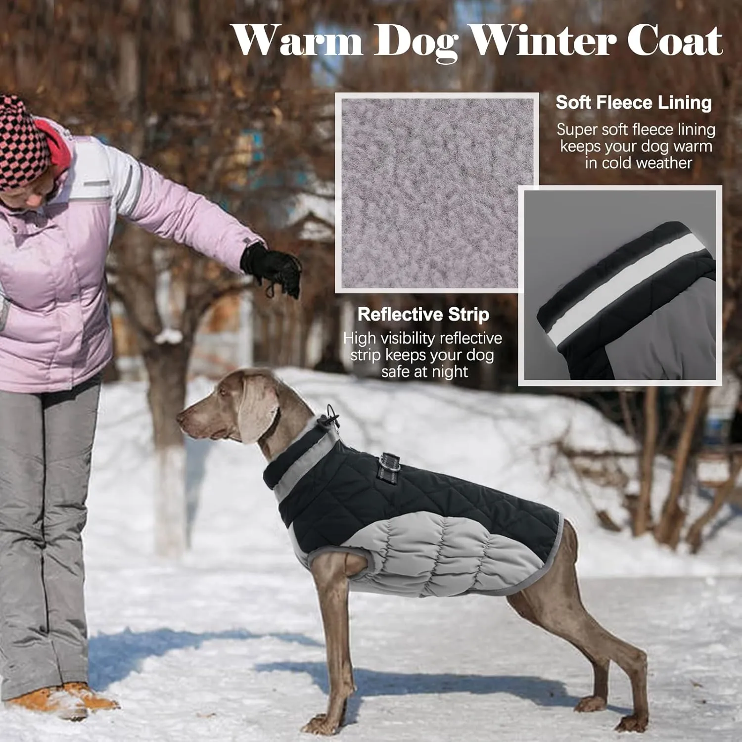 Lelepet Warm Winter Dog Coat - XX-Large, Waterproof, Windproof, Reflective, Fleece Vest with Turtleneck & Zipper - Coats for Large Dogs in Cold Weather, Black, 2XL