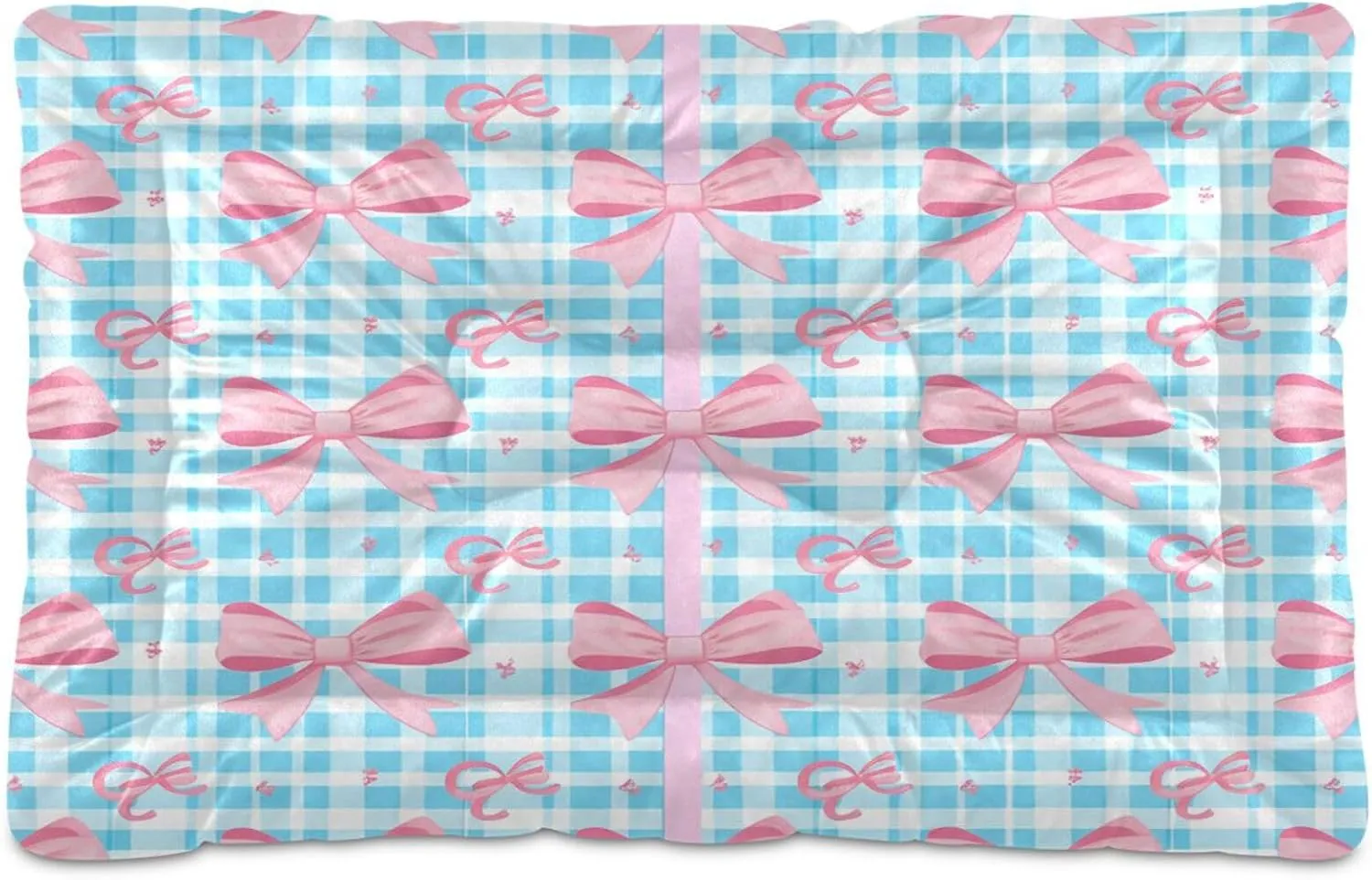 Light Blue Checkered Bows Outdoor Dog Bed for Small Dogs Washable Waterproof Travel Pet Bed Mat Portable Cat Bed with Non-Slip Bottom for Indoor and Sleeping 36 x 24 Inch