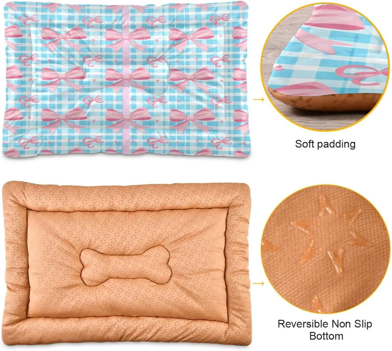 Light Blue Checkered Bows Outdoor Dog Bed for Small Dogs Washable Waterproof Travel Pet Bed Mat Portable Cat Bed with Non-Slip Bottom for Indoor and Sleeping 36 x 24 Inch