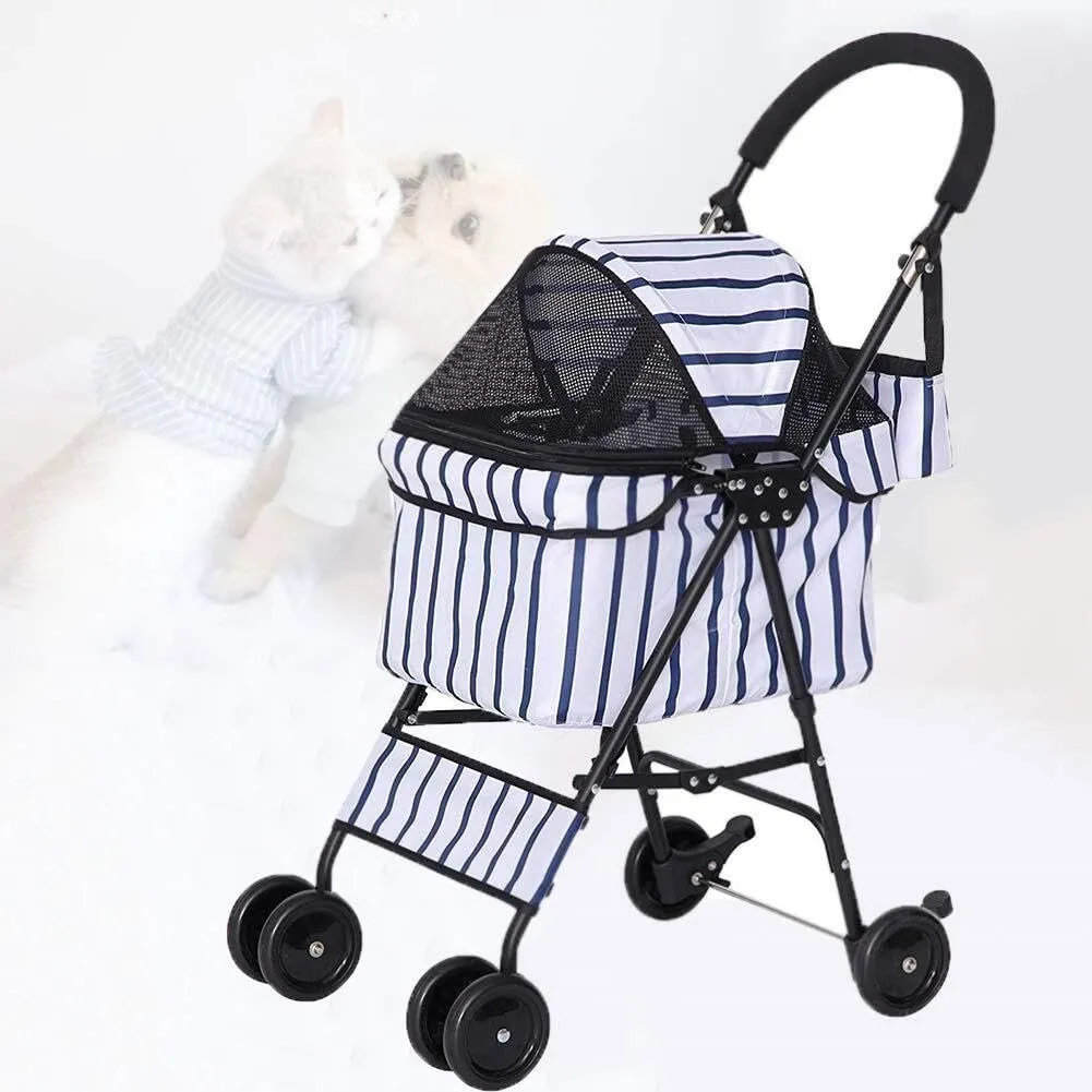 Lightweight 4-Wheel Pet Stroller for Dogs & Cats, Compact Foldable Design with Storage Bags, Breathable Mesh, Easy One-Hand Folding