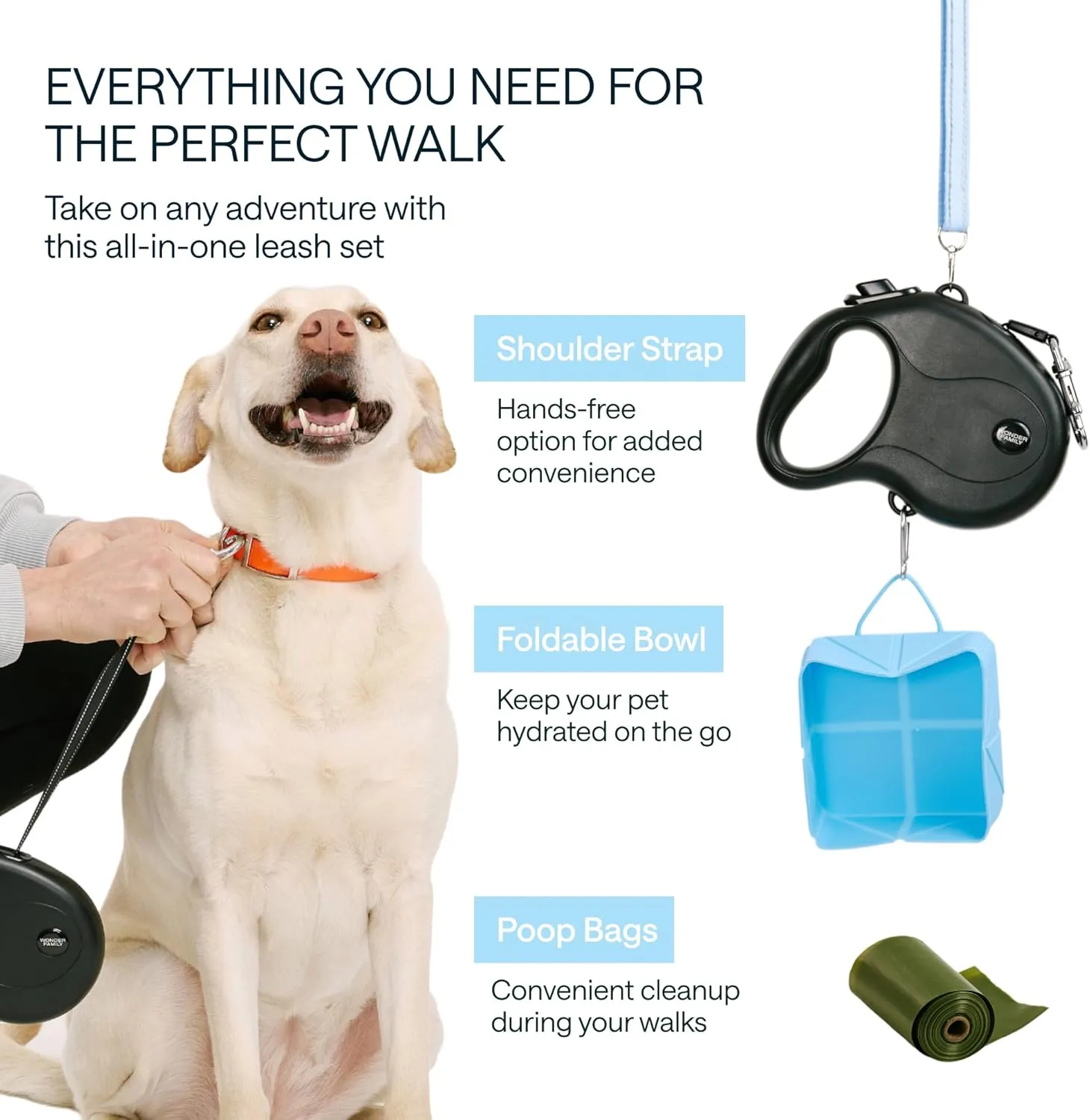Long Retractable Dog Leash for Medium Dogs up to 44 lbs, 17 Ft - No Free, Strong Nylon Tape, Heavy Duty, One-Handed Brake, Pause, Lock - Reflective Leash with Shoulder Strap, Foldable Bowl, Poop Bag