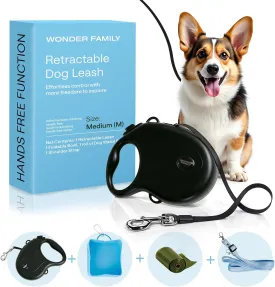 Long Retractable Dog Leash for Medium Dogs up to 44 lbs, 17 Ft - No Free, Strong Nylon Tape, Heavy Duty, One-Handed Brake, Pause, Lock - Reflective Leash with Shoulder Strap, Foldable Bowl, Poop Bag