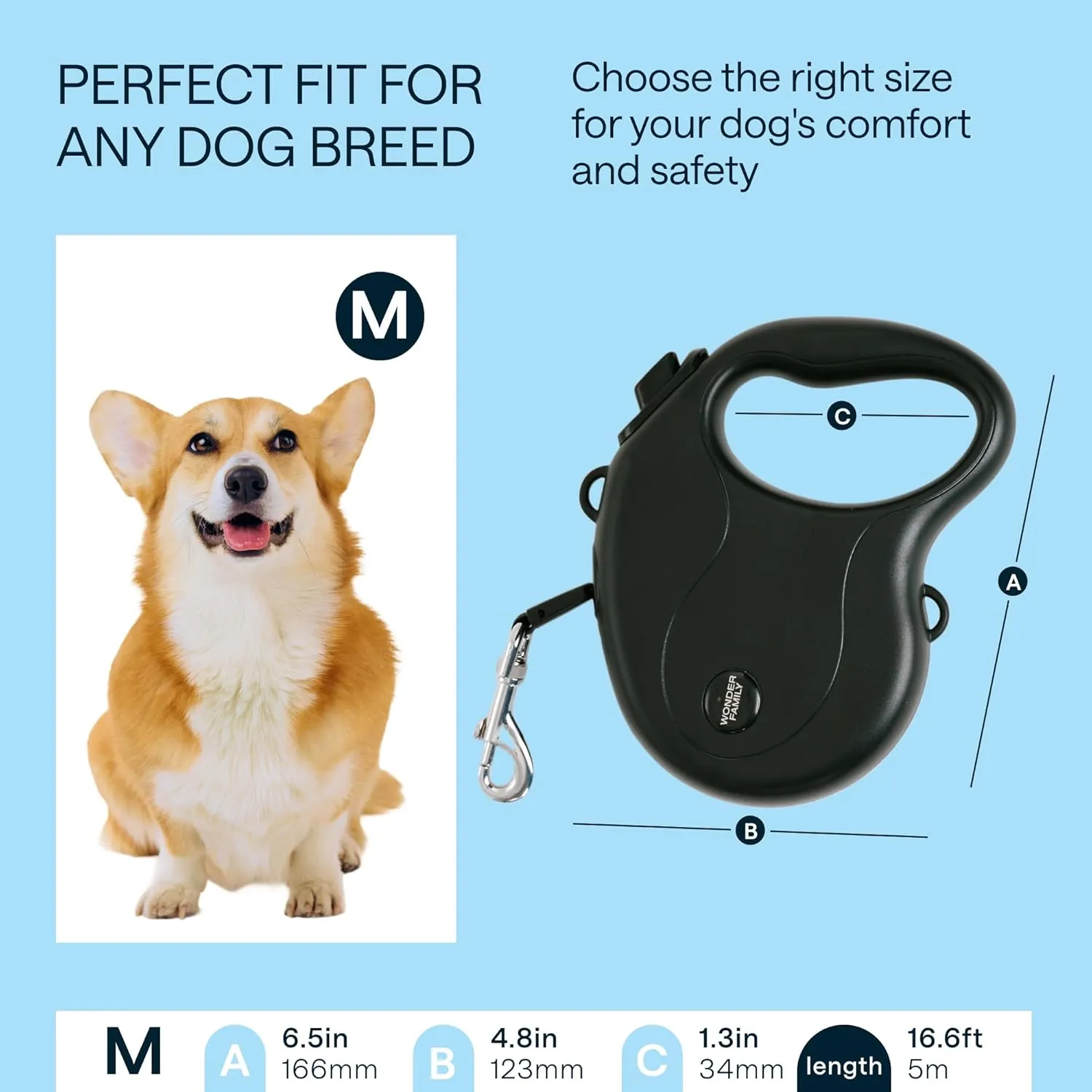 Long Retractable Dog Leash for Medium Dogs up to 44 lbs, 17 Ft - No Free, Strong Nylon Tape, Heavy Duty, One-Handed Brake, Pause, Lock - Reflective Leash with Shoulder Strap, Foldable Bowl, Poop Bag
