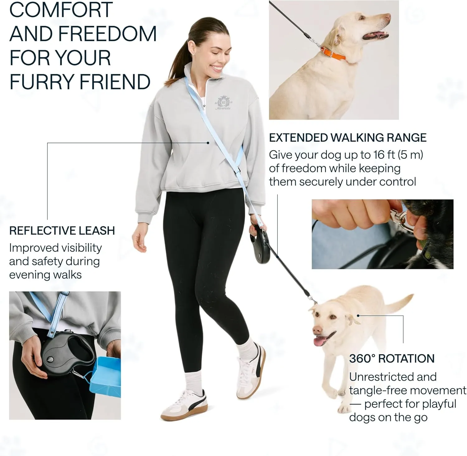 Long Retractable Dog Leash for Medium Dogs up to 44 lbs, 17 Ft - No Free, Strong Nylon Tape, Heavy Duty, One-Handed Brake, Pause, Lock - Reflective Leash with Shoulder Strap, Foldable Bowl, Poop Bag